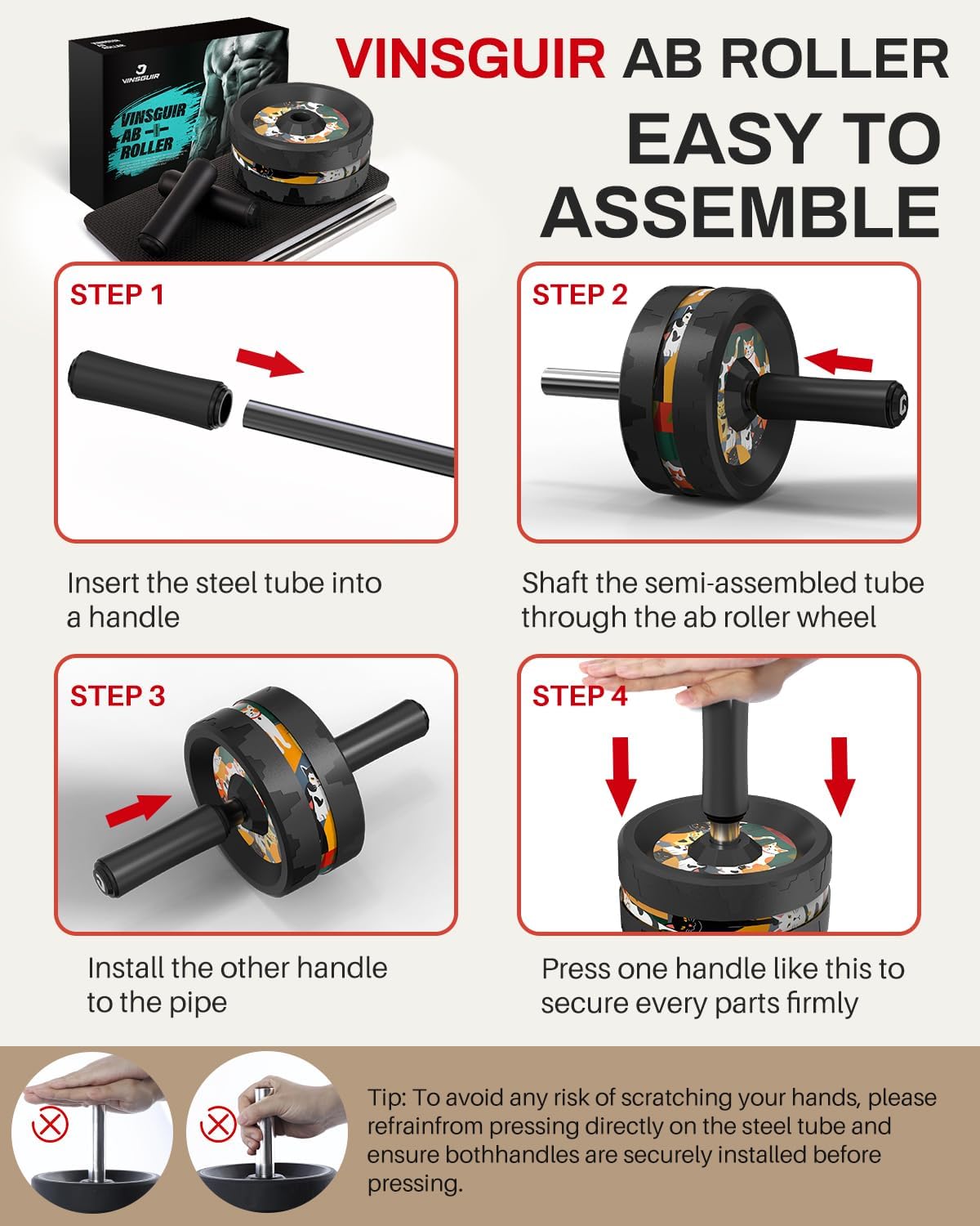 VINSGUIR Ab Roller Wheel, Abs & Core Workout Equipment for Home Gym with Knee Pad Accessories, Abdominal Wheel for Full-body Strength Training